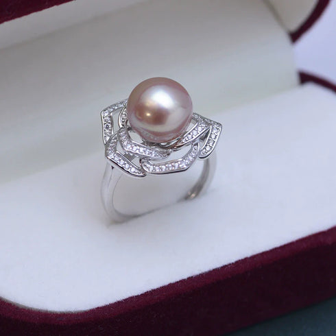 10-11mm Freshwater Pearl Camellia Cubic Zirconia Ring - May-Lynn